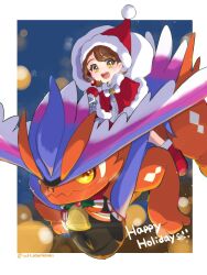 1girl :d alternate_costume bag bell border braid brown_eyes brown_hair capelet colored_sclera creatures_(company) game_freak happy_holidays hat highres holding holding_bag juliana_(pokemon) koraidon looking_at_viewer neck_bell nintendo open_mouth orange_eyes pokemon pokemon_(creature) pokemon_sv red_capelet red_shoes riding riding_pokemon saki_pokeoekaki santa_hat shirt shoes smile white_border white_shirt yellow_sclera