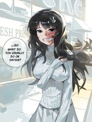 1girl absurdres black_hair breasts burn_scar commentary dating eebus_(eebus3698) english_commentary english_text exposed_bone exposed_muscle grey_eyes hair_ornament highres injury large_breasts long_hair looking_at_viewer market original outdoors scar scar_on_face speech_bubble sweater turtleneck white_sweater