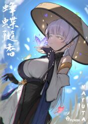 Rule 34 | 1girl, absurdres, bug, butterfly, character name, earrings, gloves, goddess of victory: nikke, grey eyes, grey hair, hat, highres, insect, jewelry, jingasa, ko uniii, monk, nayuta (nikke), pearl earrings, pilgrim symbol (nikke), purple butterfly, solo, thick eyelashes, translation request