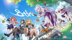 Rule 34 | 6+girls, black footwear, black gloves, black pantyhose, blonde hair, blue gloves, blue hair, bow, bronya zaychik, bronya zaychik (silverwing: n-ex), closed eyes, closed mouth, crossed bangs, crossed legs, dress, fingerless gloves, food, gloves, grey eyes, grey hair, hair between eyes, high heels, highres, homu (honkai impact), honkai (series), honkai impact 3rd, kiana kaslana, kiana kaslana (herrscher of finality), lantern (honkai impact), long hair, multicolored hair, multiple girls, nail polish, official art, one eye closed, open mouth, outdoors, pantyhose, ponytail, purple bow, purple hair, raiden mei, raiden mei (apho), red hair, senadina (deepspace anchor: first light), senadina, single glove, sitting, smile, songque, songque (jovial deception: shadowdimmer), sparkling eyes, standing, sweatdrop, teeth, thelema nutriscu, theresa apocalypse, thighhighs, vita (honkai impact), vita (lone planetfarer) (honkai impact), white gloves, white hair, white pantyhose, white thighhighs
