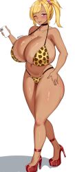1girl animal_print bikini blonde_hair blush breasts cellphone cindy_candy dark-skinned_female dark_skin full_body gigantic_breasts gyaru high_heels highres huge_breasts leopard_print mole mole_on_breast navel one_eye_closed phone pink_eyes smile swimsuit white_background yua_(argaoffroad) yua_respati