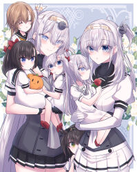6+girls akizuki_(kancolle) black_hair black_sailor_collar black_skirt blue_eyes bodysuit breasts brown_hair carrying closed_eyes commentary_request dress flower fuyutsuki_(kancolle) green_eyes grey_hair hachimaki hair_between_eyes hatsuzuki_(kancolle) headband headgear highres holding holding_flower holding_stuffed_toy if_they_mated kabocha_torute kantai_collection long_hair miniskirt mother_and_daughter multiple_girls neckerchief one_side_up parted_lips peeking_out pleated_skirt red_flower sailor_collar sailor_dress school_uniform serafuku short_sleeves skirt stuffed_toy suzutsuki_(kancolle) teruzuki_(kancolle) very_long_hair white_bodysuit white_dress white_flower white_headband white_sailor_collar white_skirt yuri
