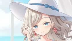 Rule 34 | 1girl, blue eyes, blush, ceras yanagida lilienfeld, ceras yanagida lilienfeld (summer casual), closed mouth, commentary request, curtains, german commentary, grey hair, hanazora satsuki, hand in own hair, hat, head tilt, indoors, link! like! love live!, long hair, looking at viewer, love live!, mixed-language commentary, portrait, single off shoulder, smile, solo, split mouth, sun hat, wavy hair, white hat, window
