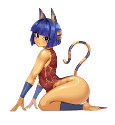 1girl absurdres animal_crossing animal_ears ankha_(animal_crossing) ass barefoot black_eyes blue_hair blunt_bangs blunt_ends blush cat_ears cat_girl cat_tail china_dress chinese_clothes closed_mouth colored_skin commentary dress eyelashes from_side full_body furry furry_female highres looking_at_viewer nintendo red_dress ryno-tenki short_hair simple_background smile soles solo tail thick_thighs thighs white_background yellow_skin