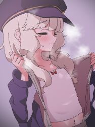 1girl aoba_(blue_archive) blue_archive blush camisole closed_eyes closed_mouth flat_chest hat highres kyousuke_(orcein) loli long_sleeves midriff navel open_clothes peaked_cap solo white_camisole white_hair
