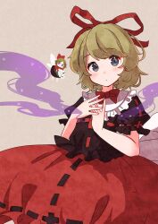 Rule 34 | 2girls, black shirt, black skirt, blonde hair, blue eyes, bow, bubble skirt, closed mouth, cowboy shot, fairy wings, flower, frilled shirt, frilled shirt collar, frilled sleeves, frills, hair ribbon, highres, kimura8556spsk, lily of the valley, looking at viewer, medicine melancholy, mini person, minigirl, multiple girls, no mouth, phantasmagoria of flower view, poison, puffy short sleeves, puffy sleeves, red bow, red ribbon, red shirt, red skirt, ribbon, shirt, short sleeves, skirt, su-san, touhou, wings