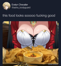 1girl astra_yao black_hair blonde_hair breasts cleavage commentary dress eidis_scarlet english_commentary evelyn_chevalier food head_out_of_frame highres jacket large_breasts long_hair meme nachos profile_picture red_jacket twitter_username very_long_hair white_dress yuri zenless_zone_zero