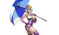 1girl :&lt; alternate_costume aqua_hair ass bare_shoulders boots breasts cleavage_cutout clothing_cutout curvy dark_skin dress expressionless gloves holding holding_umbrella kurotani_kai leotard lilith-soft looking_at_viewer multicolored_dress official_alternate_costume rabidhowl race_queen revealing_clothes shiny_clothes shiny_skin simple_background solo sweat sweatdrop taimanin_(series) taimanin_rpgx thigh_boots transparent_background umbrella visor_cap wet wide_hips yellow_eyes