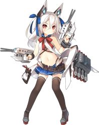 1girl animal_ears azur_lane bare_shoulders black_panties blue_ribbon blue_skirt blush bow bowtie bright_pupils closed_mouth crop_top crossed_bangs eyebrows eyelashes eyes_visible_through_hair fake_animal_ears female_focus frown full_body grey_shoes hair_between_eyes hair_ribbon highleg highleg_panties holding legs_apart long_hair machinery miniskirt navel official_art orange_eyes panties pigeon-toed pleated_skirt red_bow red_bowtie ribbon saru ship_turret shirt shoes skirt sleeveless sleeveless_shirt solo stomach tachi-e thighhighs torpedo torpedo_tubes transparent_background two_side_up underwear v-shaped_eyebrows white_hair white_shirt wristband yellow_pupils yukikaze_(azur_lane) zettai_ryouiki