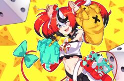 1girl ;d absurdres animal animal_ear_fluff animal_ears animal_on_head asymmetrical_sleeves bare_shoulders black_gloves black_hair blue_bow blue_eyes blurry blurry_foreground blush bow breasts cheese collar cowboy_shot depth_of_field detached_sleeves dice dice_hair_ornament food gloves hair_between_eyes hair_ornament hakos_baelz hakos_baelz_(1st_costume) highres holding holding_microphone hololive hololive_english key looking_at_viewer medium_breasts medium_hair microphone mismatched_sleeves moursho mouse_ears mouse_girl mouse_on_head mouse_tail mr._squeaks_(hakos_baelz) multicolored_hair navel on_head one_eye_closed open_mouth patterned_background red_hair sharp_teeth simple_background single_glove smile solo spiked_collar spikes stomach strapless streaked_hair stuffed_animal stuffed_toy tail tail_bow tail_ornament teeth tube_top twintails v virtual_youtuber white_hair yellow_background