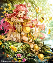 1girl ahoge apple972 bare_shoulders barefoot black_eyes bug butterfly cross-laced_footwear dress female_focus flower insect inzup long_hair nature original pink_hair pond sitting smile solo very_long_hair water