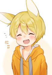 1boy animal_ears blush closed_eyes commentary_request dot_nose double-parted_bangs drawstring far_tarooo hair_between_eyes highres hood hood_down hoodie laughing male_focus noru_(far_tarooo) notice_lines orange_hoodie original rabbit_boy rabbit_ears simple_background solo teeth two-sided_hoodie upper_body upper_teeth_only white_background