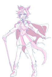 Rule 34 | 1girl, animal ears, boots, cape, cropped jacket, crown, full body, hair between eyes, highres, horse ears, horse girl, horse tail, long sleeves, looking at viewer, mini crown, monochrome, pink theme, pleated skirt, puffy long sleeves, puffy sleeves, seila rei, short hair, simple background, skirt, solo, standing, t.m. opera o (umamusume), tail, thighhighs, thighhighs under boots, tilted headwear, umamusume, white background
