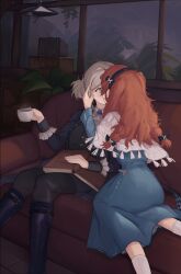 2girls black_coat black_hairband black_pants blue_dress book book_on_lap coat collared_shirt commentary cup dress english_commentary green_eyes grey_hair hairband hand_on_another&#039;s_face highres holding holding_cup indoors kiss long_hair long_sleeves multiple_girls official_alternate_costume orange_hair pants reverse:1999 shirt sonetto_(emotion_in_tranquility)_(reverse:1999) sonetto_(reverse:1999) television vertin_(reverse:1999) vispersss white_shirt yuri