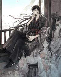 1boy 3girls absurdres black_boots black_eyes black_hair black_hanfu boots chinese_clothes closed_eyes closed_mouth coat coat_partially_removed collarbone crossed_legs day double_bun dress falling_petals floating_hair flower flute flute_tassel ghost grey_coat hair_bun hair_down hair_ornament hair_stick half_updo hand_fan hand_on_own_face hanfu highres holding holding_fan holding_flower holding_jar instrument jar long_hair long_sleeves looking_to_the_side modao_zushi multiple_girls off_shoulder official_alternate_costume official_alternate_hairstyle open_clothes open_coat petals pink_flower pink_petals qixiong_ruqun railing red_sash ribbon robe sash shawl single_hair_bun sitting sky solo_focus tassel twitter_username w2biiro watermark wei_wuxian wei_wuxian_(yiling_laozu) wide_sleeves window