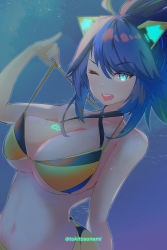 1girl absurdres animal_ears bikini bikini_pull black_hair blue_eyes breasts cleavage clothes_pull fake_animal_ears glowing glowing_tattoo highres kson large_breasts navel one_eye_closed open_mouth solo swimsuit tattoo breast_tattoo tokitosonemi tongue virtual_youtuber vshojo