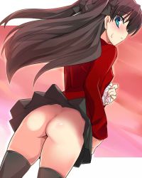 1girl aqua_eyes ass black_hair black_thighhighs blush bow eeeeee fate/stay_night fate_(series) female_focus gradient_background hair_bow hair_ribbon legs long_hair miniskirt no_panties panties unworn_panties ribbon skirt solo thighhighs thighs third-party_edit tohsaka_rin turtleneck twintails underwear upskirt