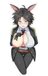 1girl absurdres ahoge alternate_breast_size animal_ears arm_behind_back black_gloves black_hair black_jacket black_necktie black_pants blue_eyes blush bowing breasts butler_bowing center_frills center_opening collared_shirt cropped_legs ear_ornament frilled_shirt frills fuji_kiseki_(umamusume) gloves grey_background hand_up highres horse_ears jacket jewelry large_breasts lifting_own_clothes long_sleeves looking_at_viewer multicolored_hair necktie necktie_lift nipples no_bra nose_blush one_breast_out open_clothes open_jacket pants protected_link shiny_skin shirt short_hair simple_background smile solo standing straight-on thigh_gap two-tone_hair umamusume underbust white_hair white_shirt wing_collar wuwusan