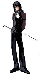 1girl absurdres ascot bang_dream! bang_dream!_it&#039;s_mygo!!!!! black_hair black_pants black_shoes black_vest blue_brooch blue_eyes commentary_request cracy_logan full_body highres holding looking_at_viewer medium_hair pants shoes simple_background solo vest white_ascot white_background yahata_umiri