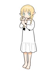 1girl aged_down bare_legs barefoot braid character_doll child doll dress dungeon_meshi elf falin_touden falin_touden_(doll) frs2 full_body green_eyes hair_around_ear hair_over_shoulder highres holding holding_doll hugging_object long_hair long_sleeves looking_at_viewer marcille_donato pointy_ears sideways_glance simple_background solo standing stuffed_toy tears twin_braids twintails white_background white_dress