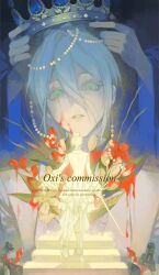 1girl 1other blood blood_on_face blood_on_flower bouquet chess_piece crown flower formal_clothes highres holding holding_crown open_mouth original oxi206 suit white_hair white_suit