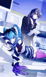 2girls amemiya_darumi black-framed_eyewear black_choker black_hair black_jacket blue_hair choker closed_mouth glasses hashtag-only_commentary highres jacket long_hair long_sleeves looking_at_viewer lying makeup multicolored_hair multiple_girls pink_thighhighs purple_eyes purple_hair red_eyes shizuhara_hiruko sleeves_past_wrists tansuan_yun the_hundred_line_-last_defense_academy- thighhighs twintails two-tone_hair