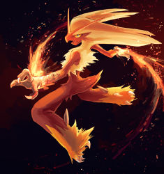 blaziken blue_eyes claws colored_sclera commentary_request creatures_(company) fire full_body furry furry_male fusenryo game_freak gen_3_pokemon highres nintendo one-hour_drawing_challenge open_mouth pokemon pokemon_(creature) solo spikes tongue yellow_fur yellow_sclera