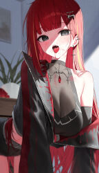 1girl akane_lize all_fours blonde_hair blood blood_in_mouth breasts cleavage earrings fang gem grey_eyes hair_ornament highres huhi_(huhi_1211) indoors jewelry large_breasts looking_at_viewer mole mole_under_eye multicolored_hair open_mouth red_gemstone red_hair single_bare_shoulder solo stellive streaked_hair virtual_youtuber