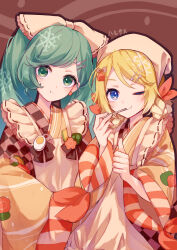 2girls apron aqua_eyes aqua_hair artist_name bell_pepper blonde_hair blue_hair bow brown_bow brown_kimono carrot_slice checkered_clothes checkered_kimono commentary earrings eating food food_print fork_hair_ornament green_pepper hair_bow hardboiled_egg harusamesyota hatsune_miku highres holding_utensil japanese_clothes jewelry kagamine_rin kappougi kimono long_hair looking_at_viewer lotus_root multiple_girls one_eye_closed orange_kimono short_hair shrimp_print side-by-side spoon_hair_ornament squash star-shaped_food star_(symbol) star_earrings striped_sleeves swept_bangs tenugui twintails two-tone_kimono upper_body utensil_in_mouth very_long_hair vocaloid white_bow wide_sleeves yuki_miku yuki_miku_(2024) yuki_rin yuki_rin_(2024)