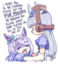 2girls animal_ears birdblitz blunt_bangs bow brown_hat closed_eyes commentary earmuffs english_commentary english_text gloom_(expression) gold_ship_(umamusume) grabbing_another&#039;s_arm green_bow grey_hair hair_bow hat highres horse_ears long_hair mejiro_mcqueen_(umamusume) multiple_girls open_mouth pleated_skirt puffy_short_sleeves puffy_sleeves purple_hair purple_shirt sailor_collar school_uniform shirt short_sleeves simple_background skirt sweat tracen_school_uniform umamusume white_background white_sailor_collar white_skirt