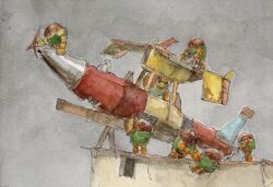 aircraft assembling grey_sky highres mechanical_arms no_humans on_roof original propeller robot science_fiction sky tsuboi_hajime