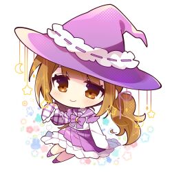 Rule 34 | 1girl, absurdres, blush, borrowed character, bow, bowtie, brown eyes, brown hair, chibi, chibi only, closed mouth, commentary request, frilled skirt, frills, full body, hand up, hat, highres, long hair, long sleeves, misosiru 0224, original, pleated skirt, ponytail, purple bow, purple bowtie, purple hat, purple sailor collar, purple shoes, purple skirt, sailor collar, school uniform, serafuku, shirt, shoes, simple background, skirt, sleeves past fingers, sleeves past wrists, smile, solo, white background, white shirt, witch hat