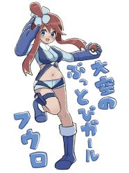 1girl :d absurdres blue_boots blue_eyes blue_gloves blue_jacket blue_shorts boots character_name commentary_request cropped_jacket full_body gloves happy highres holding holding_poke_ball jacket knees leg_up looking_at_viewer nintendo one_side_up open_mouth poke_ball poke_ball_(basic) pokemon pokemon_bw red_hair short_shorts shorts sidelocks skyla_(pokemon) smile solo standing standing_on_one_leg translation_request white_background yoitsuki_ai