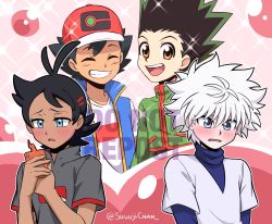 Rule 34 | 4boys, ahoge, antenna hair, ash ketchum, baseball cap, black hair, black shirt, blouse, blue eyes, blue jacket, blue shirt, blush, brown eyes, closed eyes, commentary request, crossover, dark-skinned male, dark skin, gen 4 pokemon, goh (pokemon), gon freecss, green jacket, hat, holding, holding phone, hunter x hunter, jacket, killua zoldyck, looking at phone, male focus, messy hair, multiple boys, nintendo, open mouth, phone, pokemon, pokemon (anime), pokemon (creature), pokemon journeys, rotom, rotom phone, sara bon, shirt, sleeveless, sleeveless jacket, smile, sparkle, spiked hair, twitter username, watermark, white hair, white shirt, yaoi