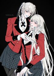 2girls black_background black_pantyhose black_ribbon blue_eyes blush braid breast_press grey_skirt hair_ribbon highres hyakkaou_academy_school_uniform jacket kakegurui long_hair m_omoo momobami_kirari momobami_ririka multiple_girls pantyhose red_jacket ribbon school_uniform shirt siblings skirt twin_braids twins twitter_username very_long_hair white_hair white_shirt yellow_eyes yuri