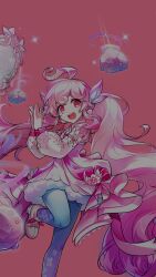 1girl absurdly_long_hair ahoge blue_pantyhose boots bow cannon cross-laced_clothes cross-laced_sleeves curly_hair dot_nose dress dress_bow dress_flower elsword eyelashes feather_hair_ornament feathers floating floating_object floral_print flower foot_out_of_frame footwear_bow gradient_hair hair_ornament happy high_heel_boots high_heels highres hwansang laby_(elsword) lace-up_boots layered_sleeves leg_up long_hair long_sleeves magic mirror multicolored_hair official_art open_mouth own_hands_together pantyhose petticoat pink_background pink_boots pink_dress pink_eyes pink_flower pink_hair puffy_long_sleeves puffy_sleeves purple_hair red_bow second-party_source sharp_teeth short_dress short_over_long_sleeves short_sleeves simple_background smile solo sparkle tareme teeth twintails upper_teeth_only very_long_hair wavy_hair white_sleeves