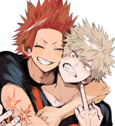 2boys arm_around_neck bakugou_katsuki black_shirt blonde_hair blush boku_no_hero_academia cheek-to-cheek closed_eyes commentary_request crew_neck depisx dot_nose explosion facial_scar grin heads_together highres kirishima_eijiro male_focus middle_finger multiple_boys orange_eyes parted_bangs red_hair sanpaku scar scar_on_cheek scar_on_face shirt short_sleeves simple_background smile t-shirt teeth upper_body white_background yaoi