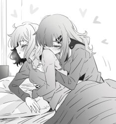 2girls blush closed_eyes commentary greyscale hair_ornament hairclip heart long_hair long_sleeves lwmina70119 monochrome multiple_girls on_bed open_mouth original pillow shirt short_hair sidelocks yuri