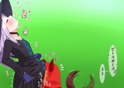 animal_ears blue_eyes blush brown_hair closed_eyes collar cosplay cunnilingus cunnilingus_under_clothes hahakigi hair_intakes hand_on_another&#039;s_shoulder hat highres hood japanese_text little_red_riding_hood_(grimm)_(cosplay) long_hair mejiro_mcqueen_(umamusume) non-web_source oral parted_bangs purple_hair short_hair simple_background smirk tagme tail tail_wagging tokai_teio_(umamusume) umamusume witch_hat yuri