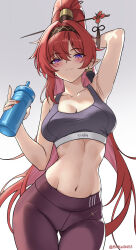 1girl absurdres alternate_costume arm_behind_head armpits birkai black_hairband bottle breasts circle_facial_mark cleavage closed_mouth collarbone commentary earrings fingernails gluteal_fold gradient_background grey_background grey_sports_bra hair_between_eyes hair_ornament hair_stick hairband high_ponytail highres holding holding_bottle jewelry large_breasts leggings long_fingernails long_hair looking_at_viewer mark_under_both_eyes navel pointy_ears ponytail purple_eyes red_hair red_leggings solo sports_bra stomach thigh_gap twitter_username very_long_hair water_bottle wuthering_waves yinlin_(wuthering_waves)