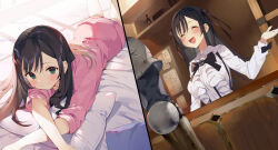 alina_clover bed black_hair blush closed_eyes closed_mouth frills gaou_(umaiyo_puyoman) green_eyes guild_no_uketsukejou_desu_ga_zangyou_wa_iya_nanode_boss_wo_solo_toubatsu_shiyou_to_omoimasu hair_ribbon highres looking_at_viewer lying novel_illustration official_art on_bed on_stomach open_mouth pajamas pink_pajamas ribbon shirt white_shirt