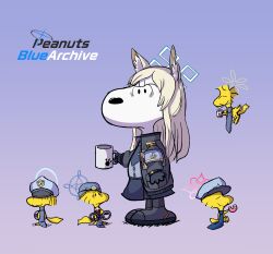 black_gloves blue_archive clipboard cup fubuki_(blue_archive) ghostfaic gloves gradient_background halo highres holding holding_clipboard holding_cup kanna_(blue_archive) kirino_(blue_archive) konoka_(blue_archive) mug necktie parody peanuts_(comic) police police_uniform purple_background snoopy valkyrie_police_academy_student_(blue_archive) woodstock