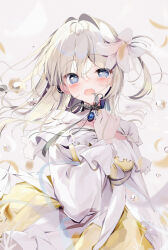 1girl arm_at_side black_ribbon blonde_hair blue_eyes blush breasts brooch cleavage_cutout clothing_cutout crying crying_with_eyes_open dress falling_petals floating_hair flower flying_teardrops frilled_dress frills hair_flower hair_ornament hand_on_own_chest hand_up highres ilsa_(putrika) jewelry large_breasts lily_(flower) long_hair long_sleeves looking_at_viewer neck_ribbon one_eye_closed one_side_up petals putrika ribbon simple_background solo sushimekabu tears uneven_eyes upper_body white_background white_dress white_flower yellow_nails