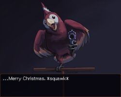 ace_attorney animal_focus beak bird black_eyes english_text full_body gun holding holding_gun holding_weapon looking_at_viewer lynntcen meme merry_christmas no_humans open_mouth parrot phoenix_wright:_ace_attorney polly_(ace_attorney) solo weapon