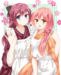 2girls :d \||/ apron aqua_eyes black_bow blush border bow clenched_hand closed_mouth commentary_request cowboy_shot eyes_visible_through_hair frilled_apron frilled_sleeves frills fuyukichi_(nikoniko1567) green_background hair_between_eyes hair_bow hair_intakes hair_ornament hairclip half_updo hand_up highres japanese_clothes kimono kurama_koharu long_hair long_sleeves looking_at_viewer low_ponytail maid maid_apron maniwa_roka multiple_girls open_mouth orange_kimono outside_border pink_hair ponytail red_hair red_kimono senren_banka simple_background smile striped_clothes striped_kimono vertical-striped_clothes vertical-striped_kimono wa_maid waitress waving white_apron white_border wide_sleeves yellow_eyes