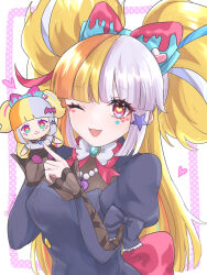 Rule 34 | 1girl, black bow, blonde hair, blue hair, blunt bangs, bow, breasts, chibigurumi, fang, grey hair, hair bow, heart, heart-shaped pupils, heart necklace, highres, holding, jack the ripper (monster strike), jewelry, loimeerx0, long hair, looking at viewer, medium breasts, monster strike, multicolored hair, necklace, one eye closed, open mouth, pearl necklace, puffy sleeves, red bow, smile, solo, symbol-shaped pupils