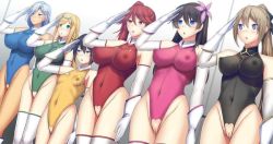 6+girls amamiya_sakura anastasia_palma black_hair blonde_hair blue_eyes blush breasts brown_hair censored clarissa_snowflake cleft_of_venus crotch_cutout daiaru dark-skinned_female dark_skin flower flower_on_head gloves green_eyes hair_ornament height_difference highleg highleg_leotard hip_bones huge_breasts lancelot_(sakura_taisen) large_breasts leotard lineup long_hair mochizuki_azami mosaic_censoring multiple_girls navel nipples petite ponytail purple_eyes pussy red_eyes red_hair sakura_taisen salute sega shin_sakura_taisen shinonome_hatsuho short_hair side_ponytail sidelocks silver_hair skin_tight small_breasts take_your_pick thighhighs