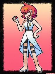 1girl 2024_pokemon_teraleak absurdres bare_arms full_body highres holding holding_poke_ball looking_at_viewer mars_(pokemon) nintendo outline poke_ball poke_ball_(basic) pokemon pokemon_dppt_(prototype) poltartgeist prototype_design red_background red_eyes red_hair smile solo team_galactic team_galactic_uniform white_footwear white_outline