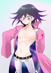 1boy aqua_background bare_pectorals belt belt_buckle black_hair bleeding blood brown_belt buckle cape closed_mouth coat collarbone collared_coat colored_tips cowboy_shot danganronpa_(series) danganronpa_v3:_killing_harmony gradient_background highres injury lapels long_sleeves male_focus multicolored_hair navel nervous_smile nipples notched_lapels oma_kokichi open_belt oversized_clothes pants pectorals pink_background pink_blood pink_coat purple_eyes purple_hair ribs shachoo_(poco_poco) short_hair skinny sleeves_past_fingers sleeves_past_wrists smile solo space_print spoilers standing starry_sky_print stomach thigh_belt thigh_strap two-sided_cape two-sided_fabric two-tone_hair white_belt white_pants