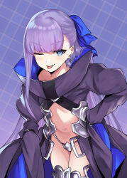 Rule 34 | 1girl, ;p, absurdres, black jacket, blue eyes, blue ribbon, commentary request, cowboy shot, fate/extra, fate/extra ccc, fate/grand order, fate (series), hair ribbon, hand on own hip, highres, jacket, long hair, long sleeves, looking at viewer, meltryllis (fate), navel, one eye closed, purple background, purple hair, ribbon, simple background, sleeves past fingers, sleeves past wrists, smile, solo, stomach, tanuki (siutkm0228), thong, tongue, tongue out